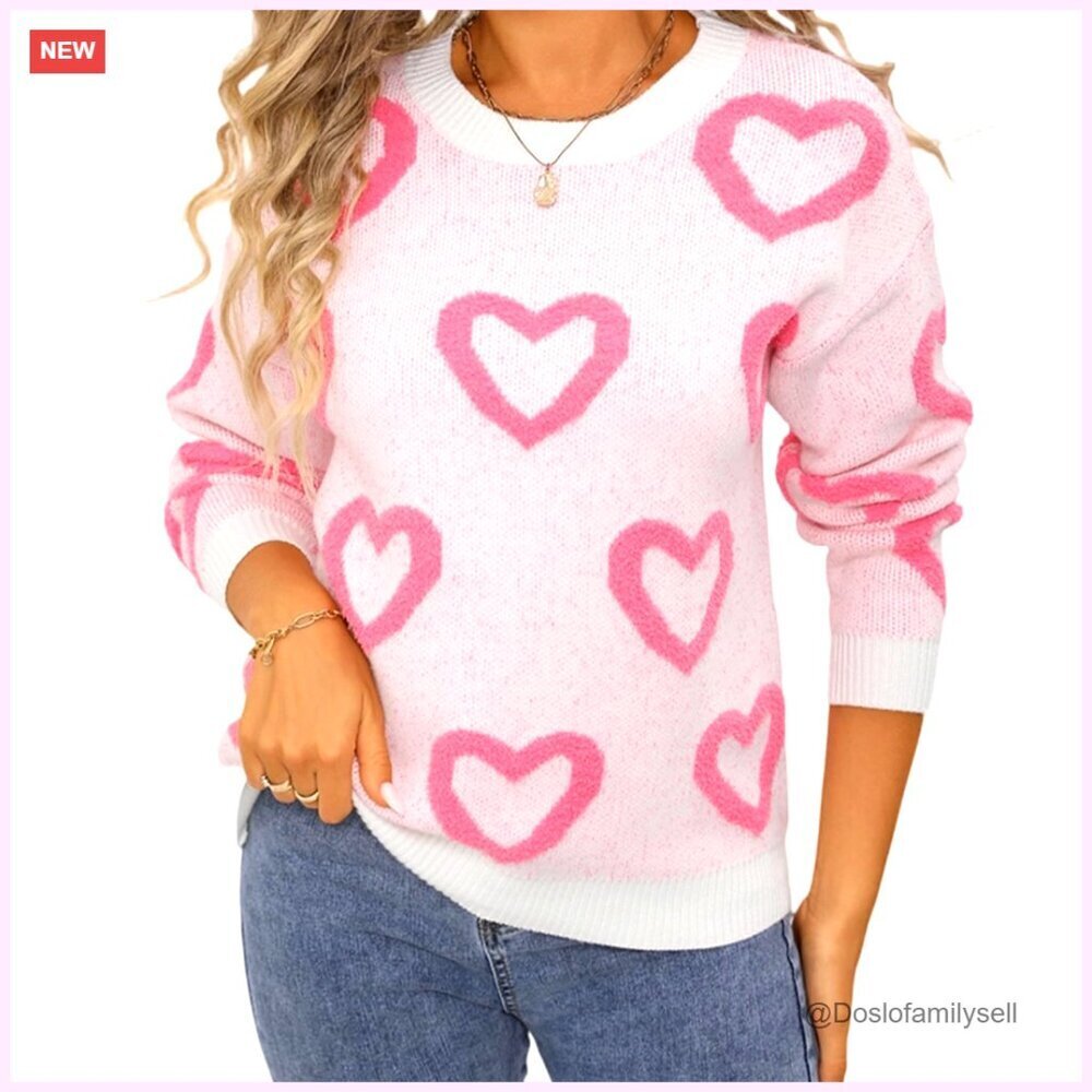 Cute Heart Print Oversized Knit Sweater Romantic Valentine Y2K Chic Pullover